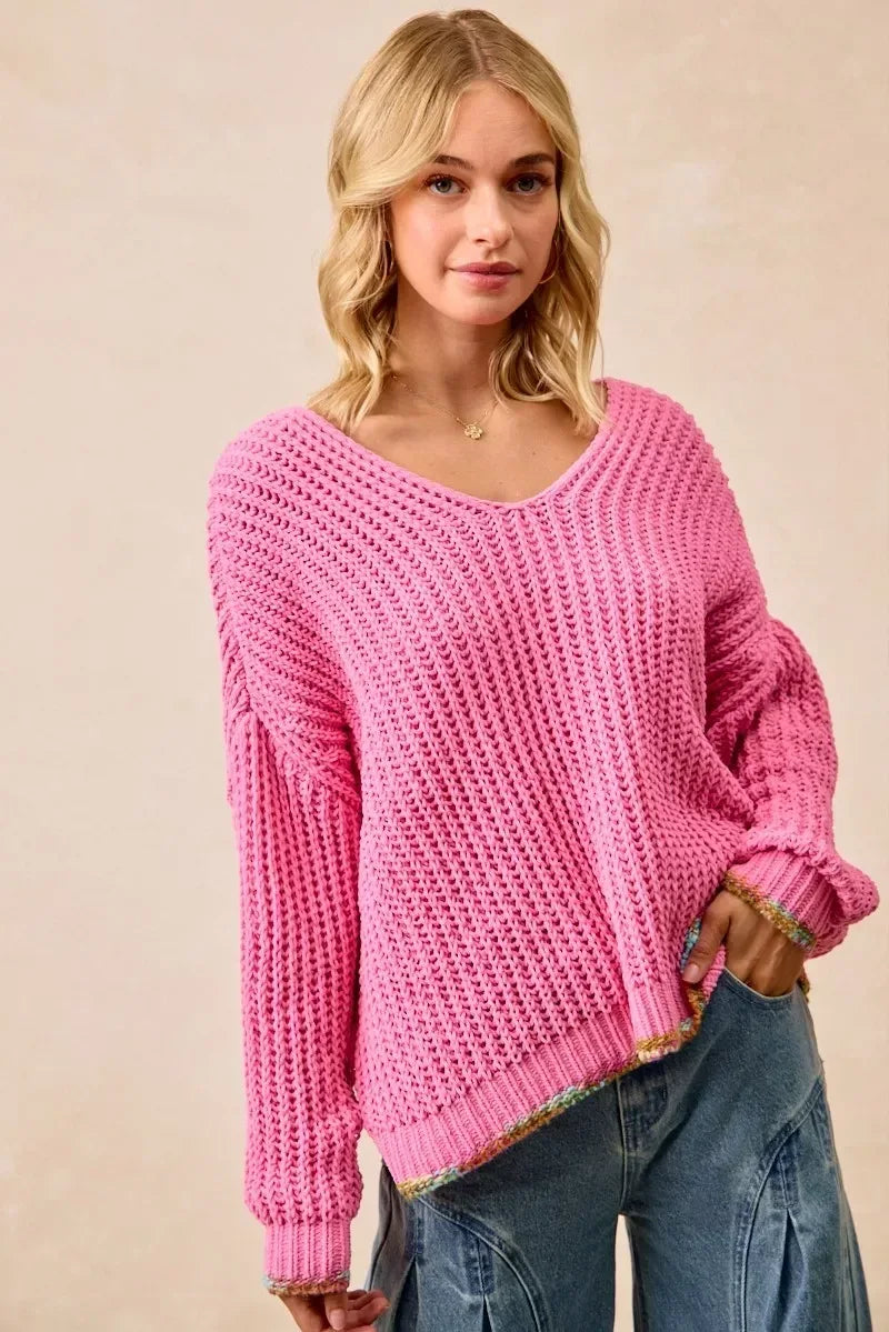 BiBi V-Neck Sweater with Colorful Trim - DAVERRI FASHIONS
