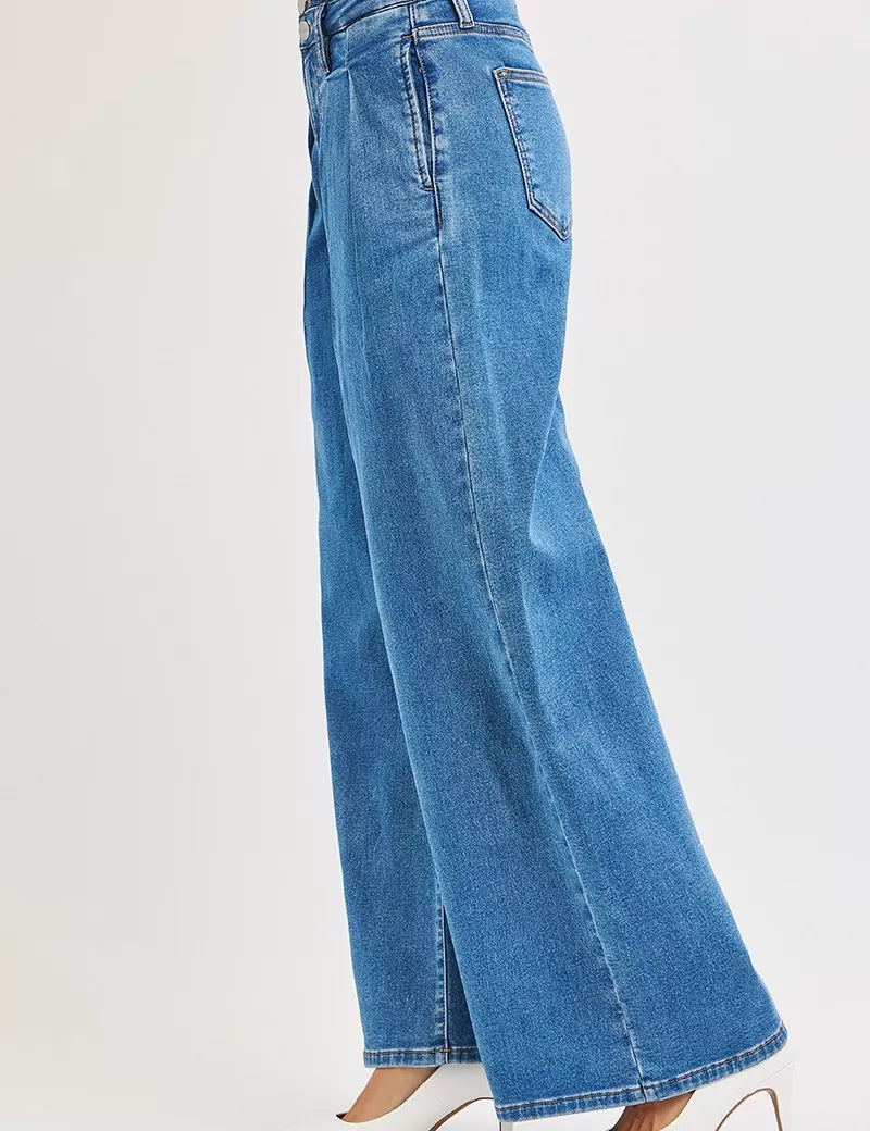 RISEN Full Size Mid Rise Fit Wide Leg with Pleated Detail Jeans Plus Size | Jeans Daverri Fashions