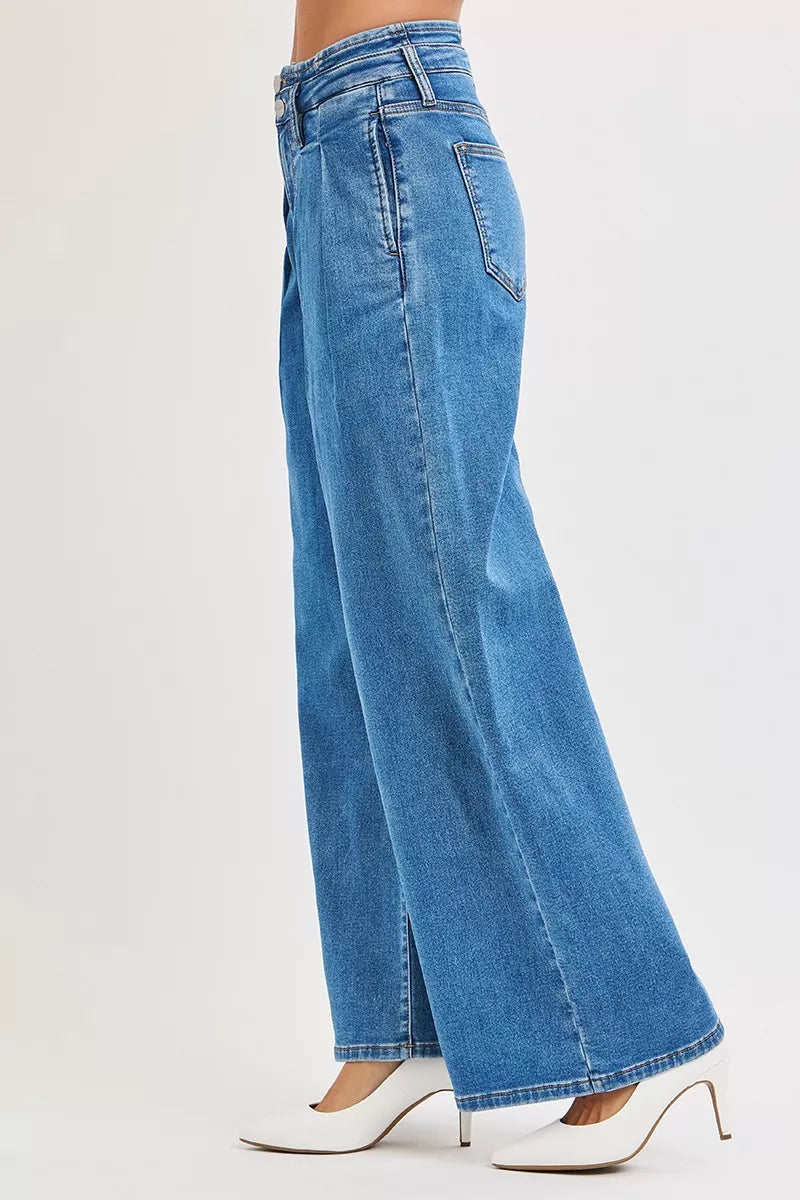 RISEN Full Size Mid Rise Fit Wide Leg with Pleated Detail Jeans Plus Size | Jeans Daverri Fashions
