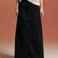 Black raw hem maxi denim skirt with straight cut and raw hem