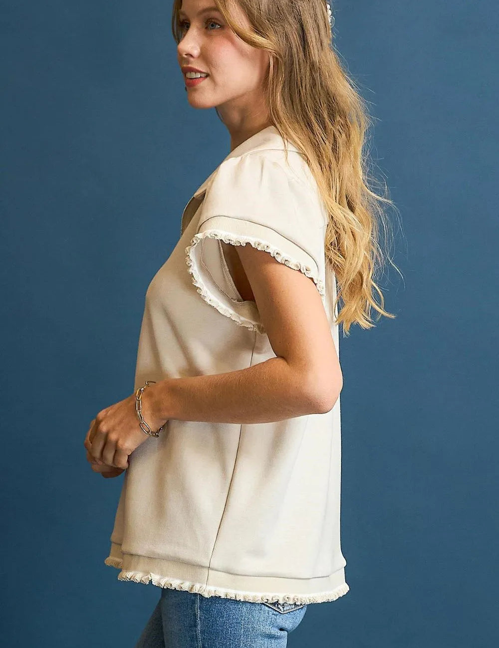 Umgee Frill Hem Half-Zip Collared Blouse | Daverri Fashions