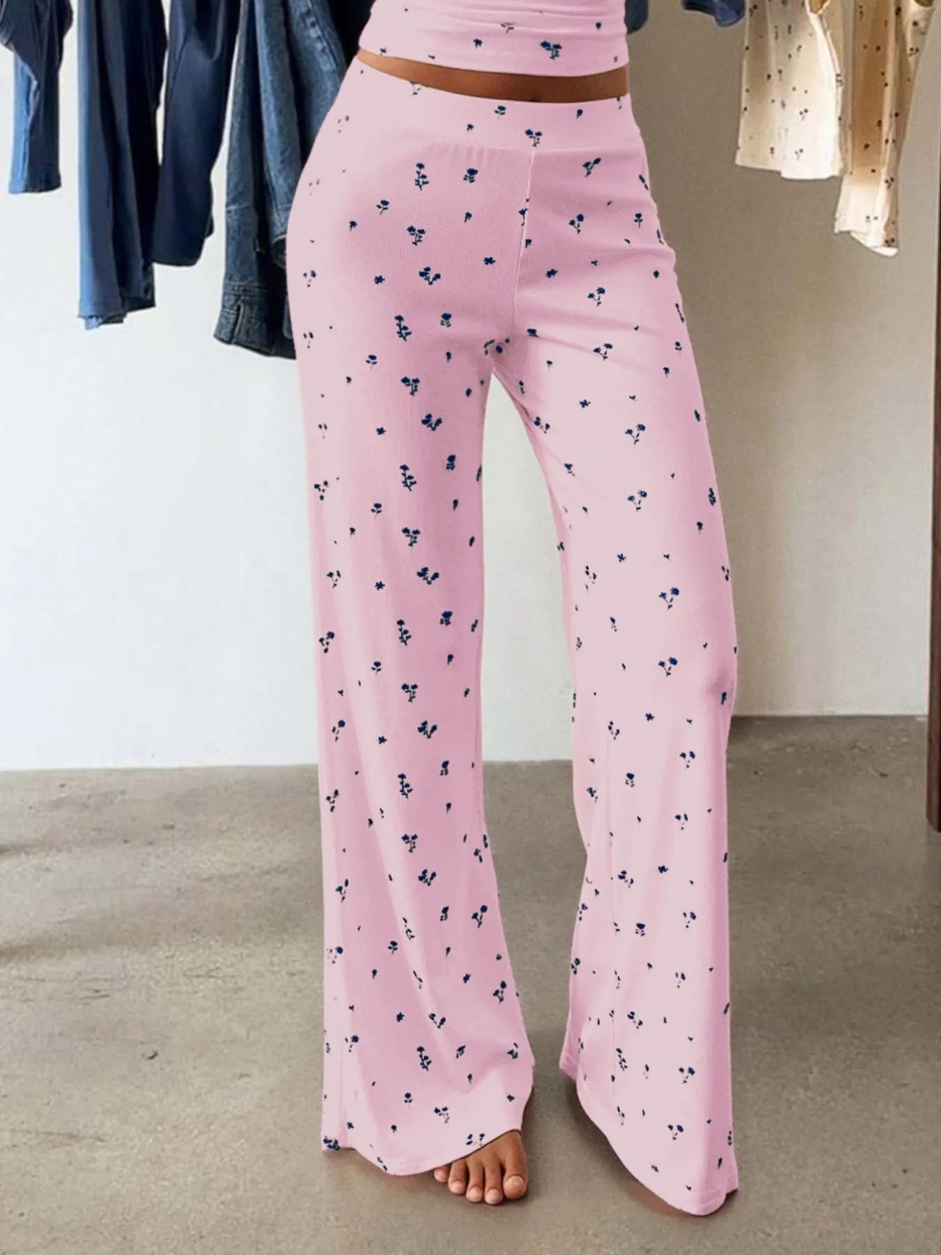 Floral Ribbed Cami and Wide Leg Pants Set | Loungewear Sets Daverri Fashions