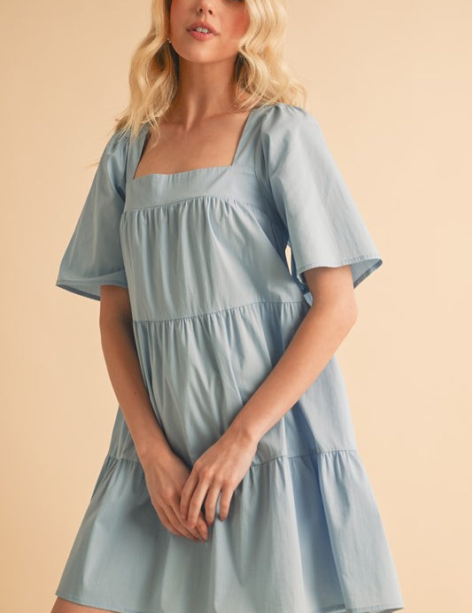 Aemi + Co Square Neck Half Sleeve Tiered Dress Light Blue