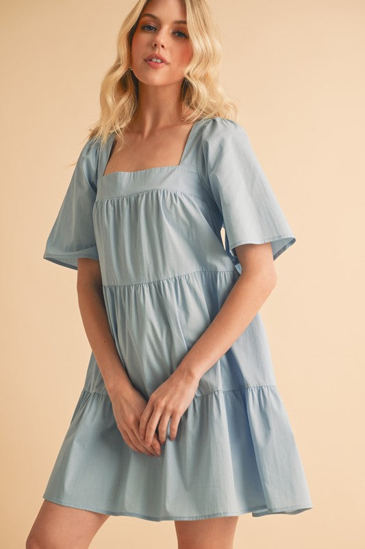 Aemi + Co Square Neck Half Sleeve Tiered Dress Light Blue