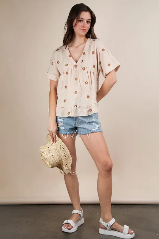 Natural VERY J Flower Embroidered Woven Blouse | Blouses Daverri Fashions