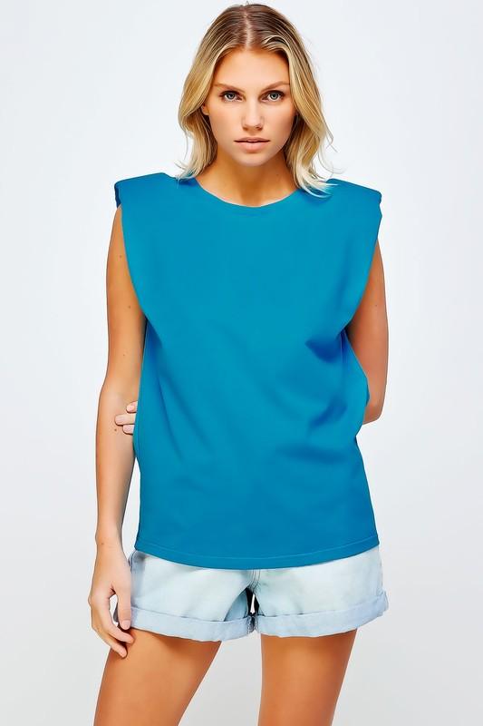 Shoulder Pad Muscle Tee Blue Jewel Sleeveless Tops