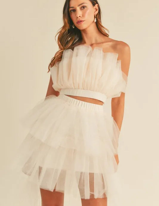 Cream MABLE Tulle Tube Ruffle Crop Top and High Low Maxi Skirt Set | Outfit Sets Daverri Fashions