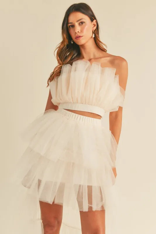 MABLE Tulle Tube Ruffle Crop Top and High Low Maxi Skirt Set Cream Skirt Sets