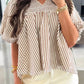 Striped V-neck puff sleeve blouse in beige and brown vertical stripes