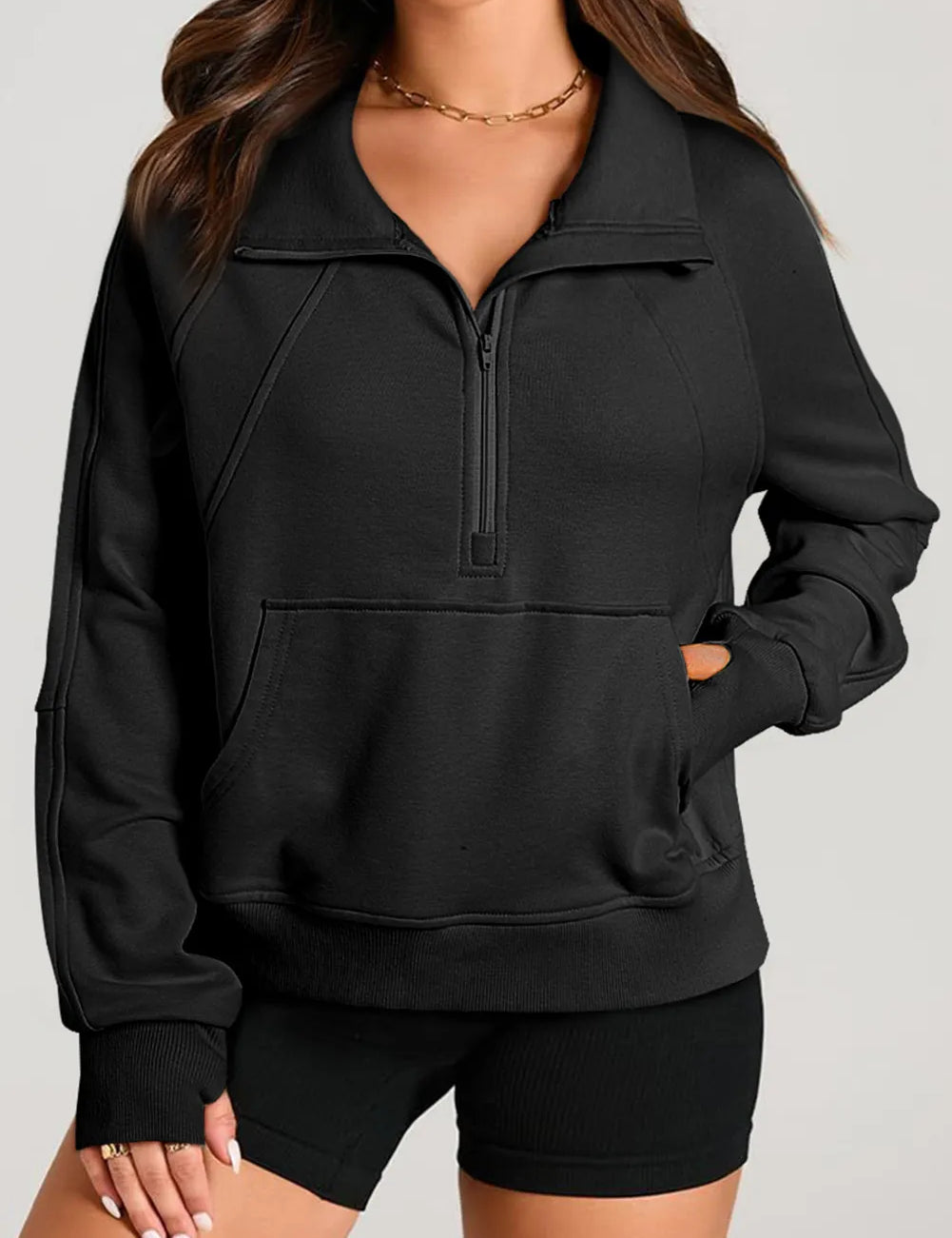 Black Half Zip Long Sleeve Sweatshirt | Sweatshirts Daverri Fashions