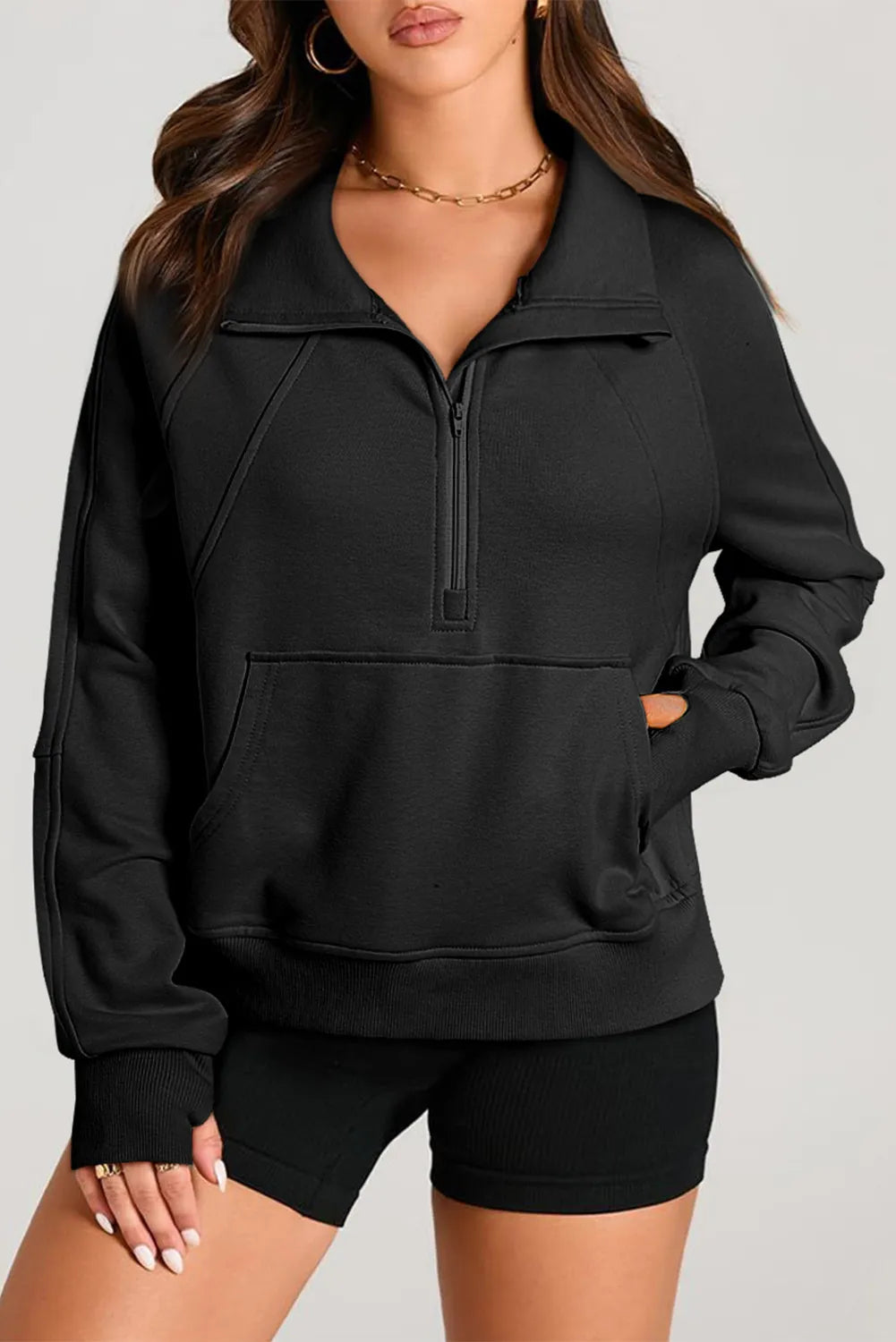 Black Half Zip Long Sleeve Sweatshirt | Sweatshirts Daverri Fashions