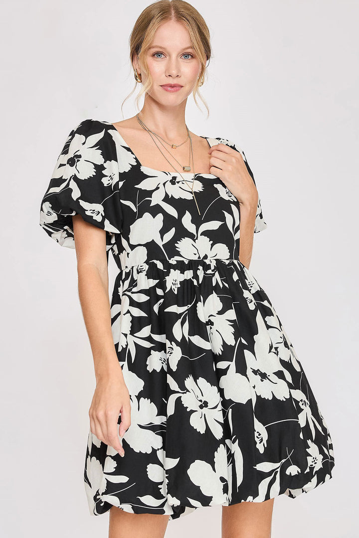 Umgee Full Size Two Tone Floral Print Babydoll Dress Plus Size Black White Babydoll Dresses