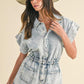 Annie Wear Elastic Waistband Short Sleeve Denim Romper Light Denim Rompers