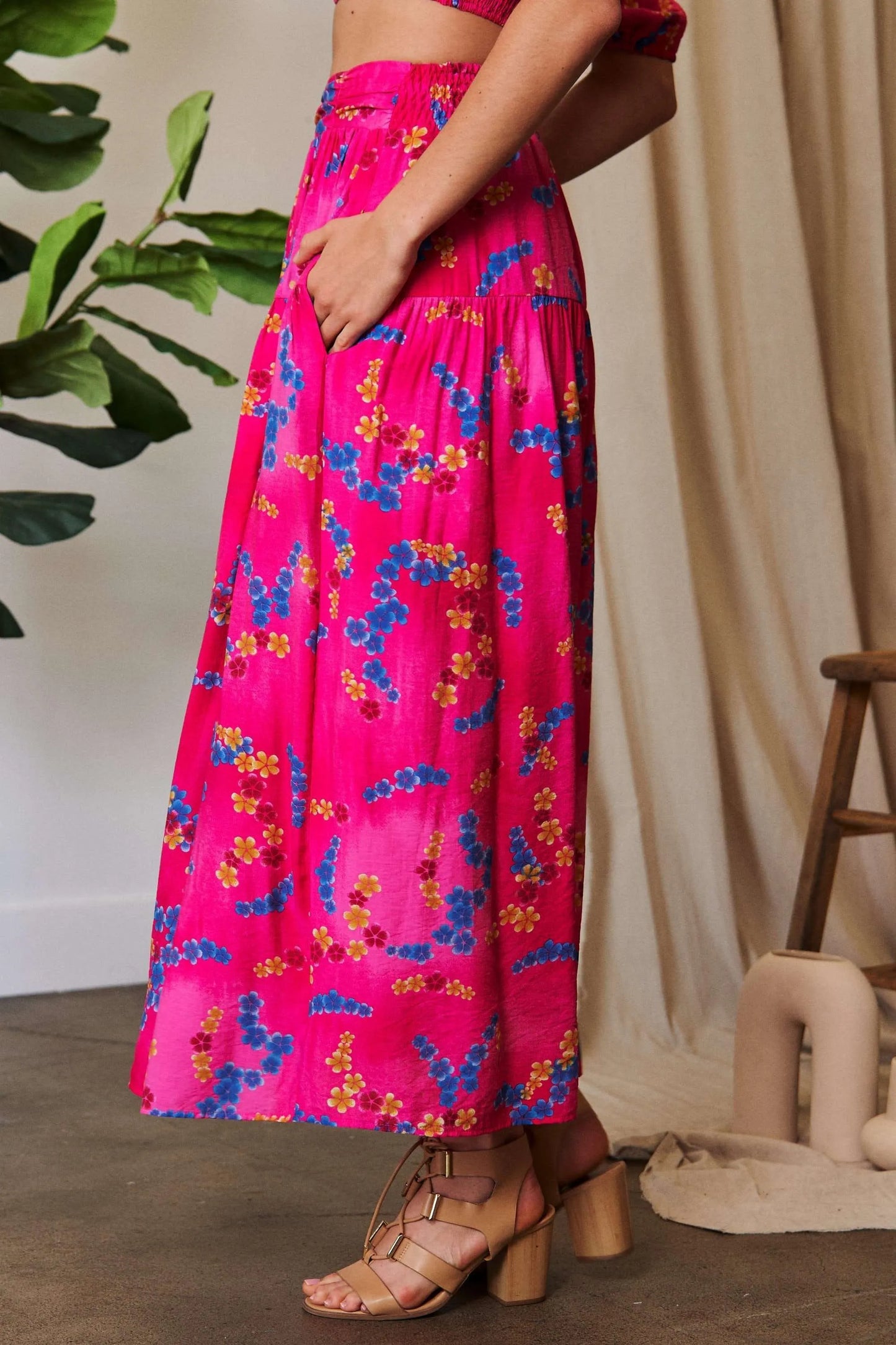 Vibrant pink Davi & Dani floral maxi skirt with smocking waistband