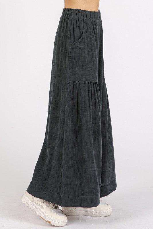 Mittoshop Gauze Elastic Waist Pleated Wide Leg Pants Pants