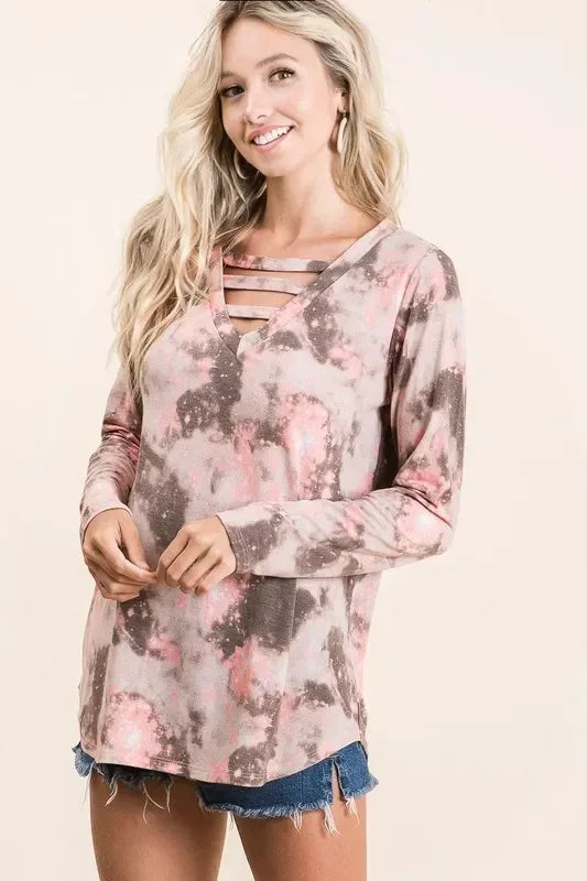Tie Dye French Terry V-neck Top - DAVERRI FASHIONS