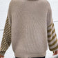 Beige and olive green color-blocked turtleneck sweater with striped and checkered sleeves