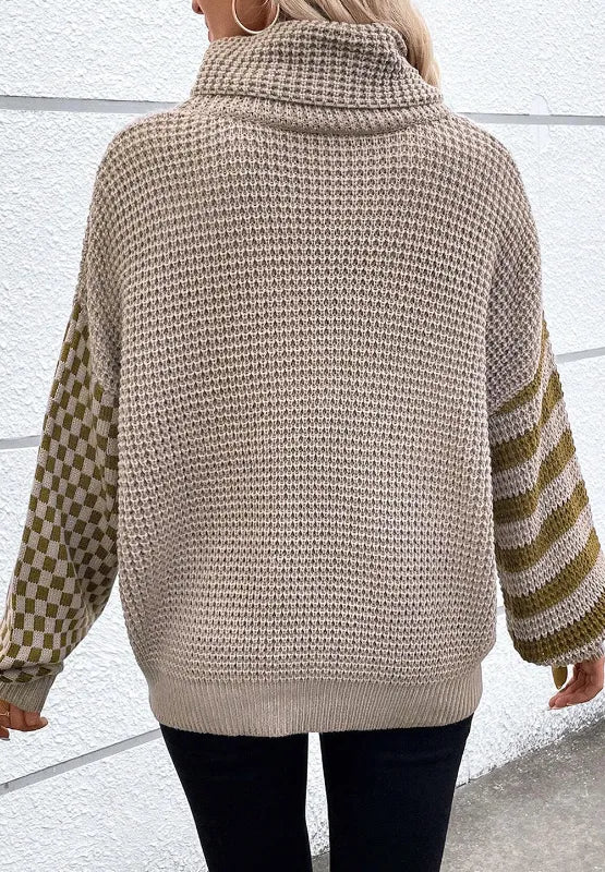 Beige and olive green color-blocked turtleneck sweater with striped and checkered sleeves