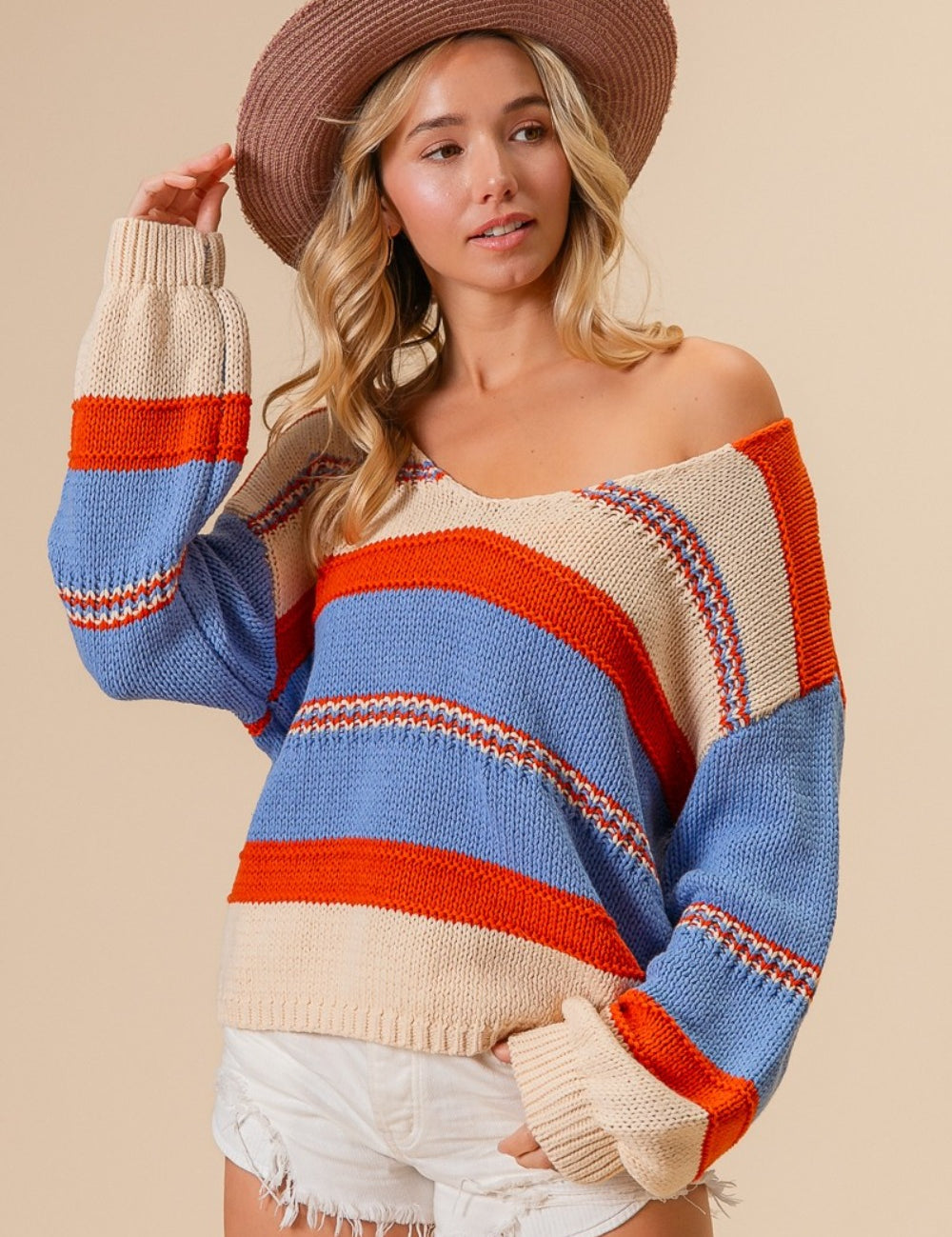 BiBi Multi Color Stripe Scoop Neck Sweater Rust Oatmeal Blue