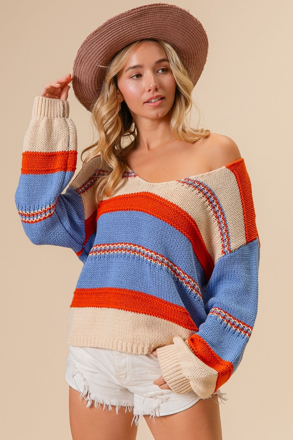 BiBi Multi Color Stripe Scoop Neck Sweater Rust Oatmeal Blue