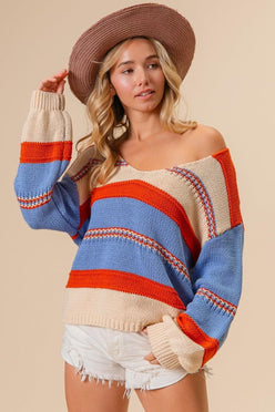 BiBi Multi Color Stripe Scoop Neck Sweater - DAVERRI FASHIONS