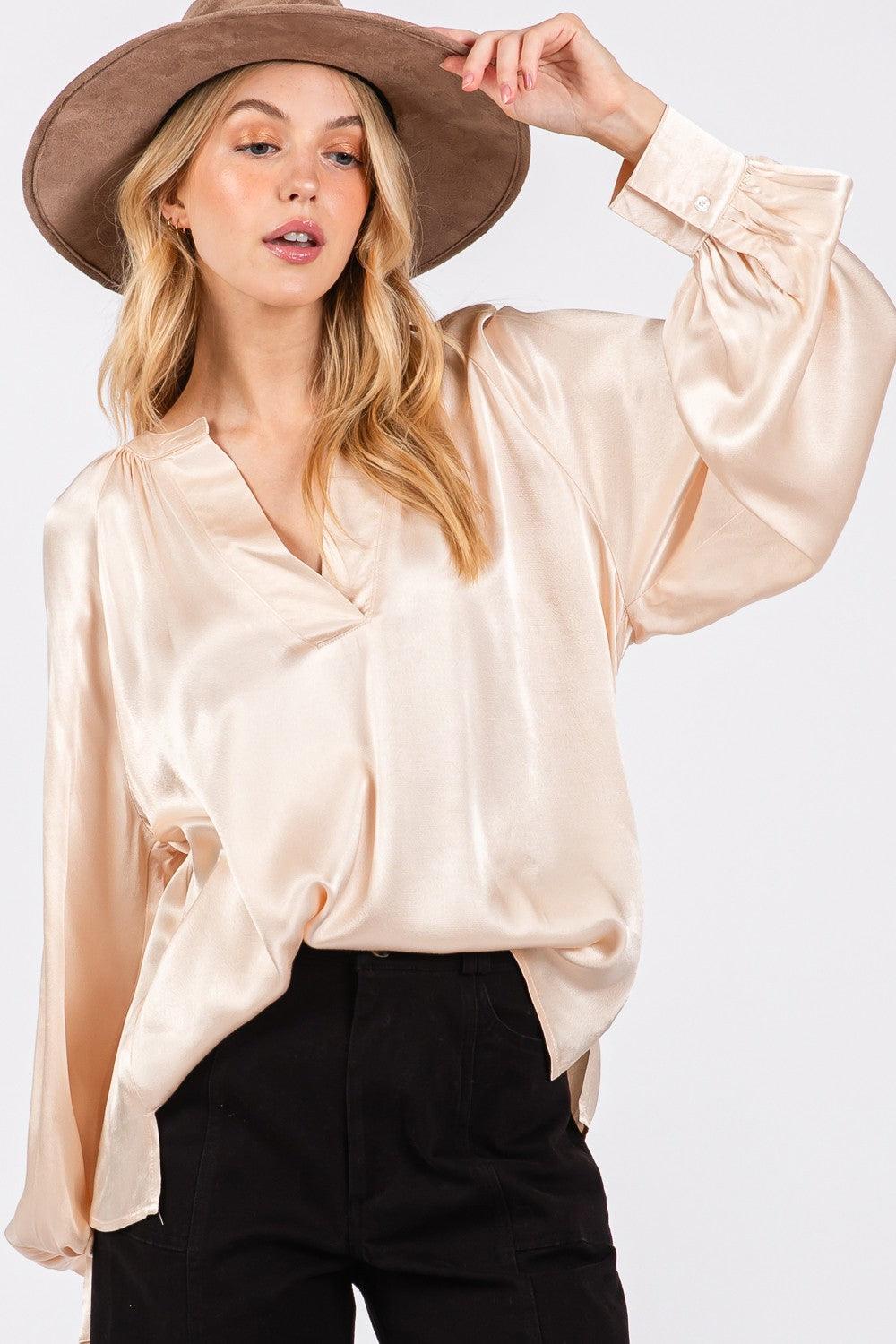 SAGE + FIG Notched Long Sleeve Blouse Blouses