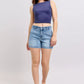 Navy blue ruched sleeveless crop top with Judy Blue mid-rise denim shorts