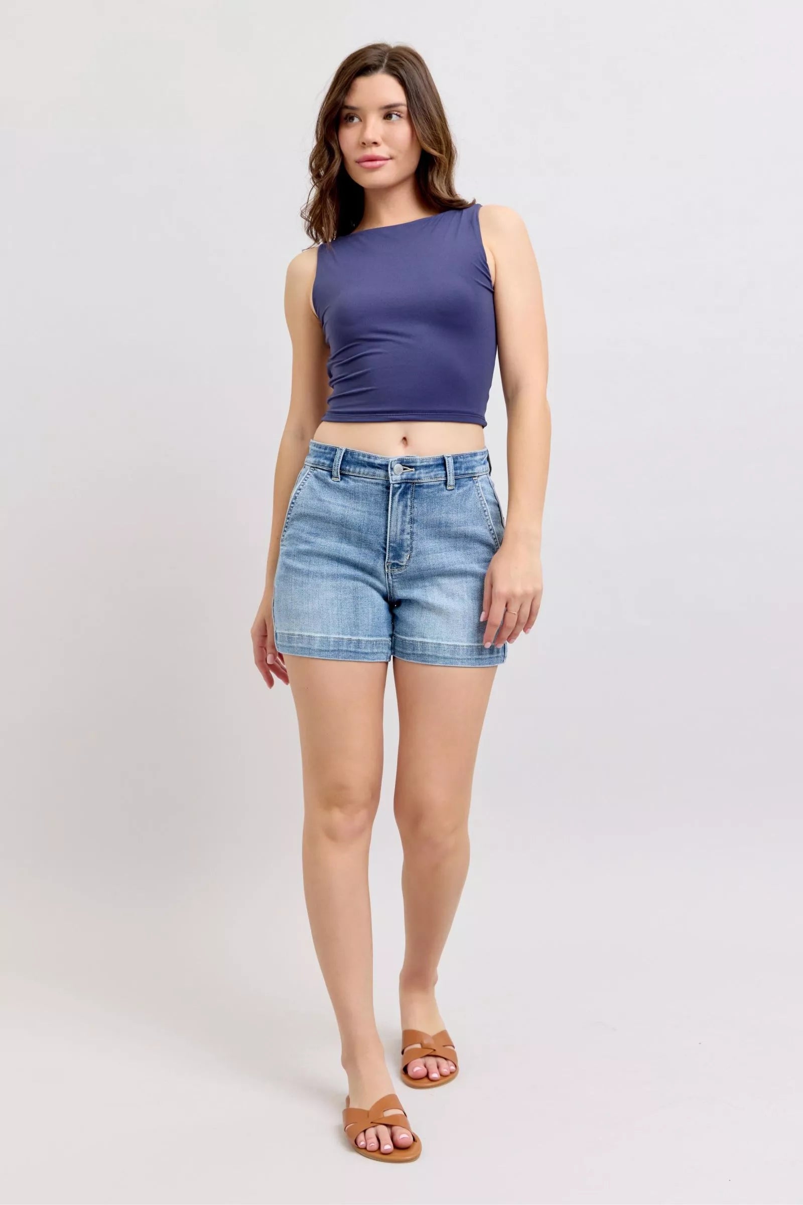 Navy blue ruched sleeveless crop top with Judy Blue mid-rise denim shorts
