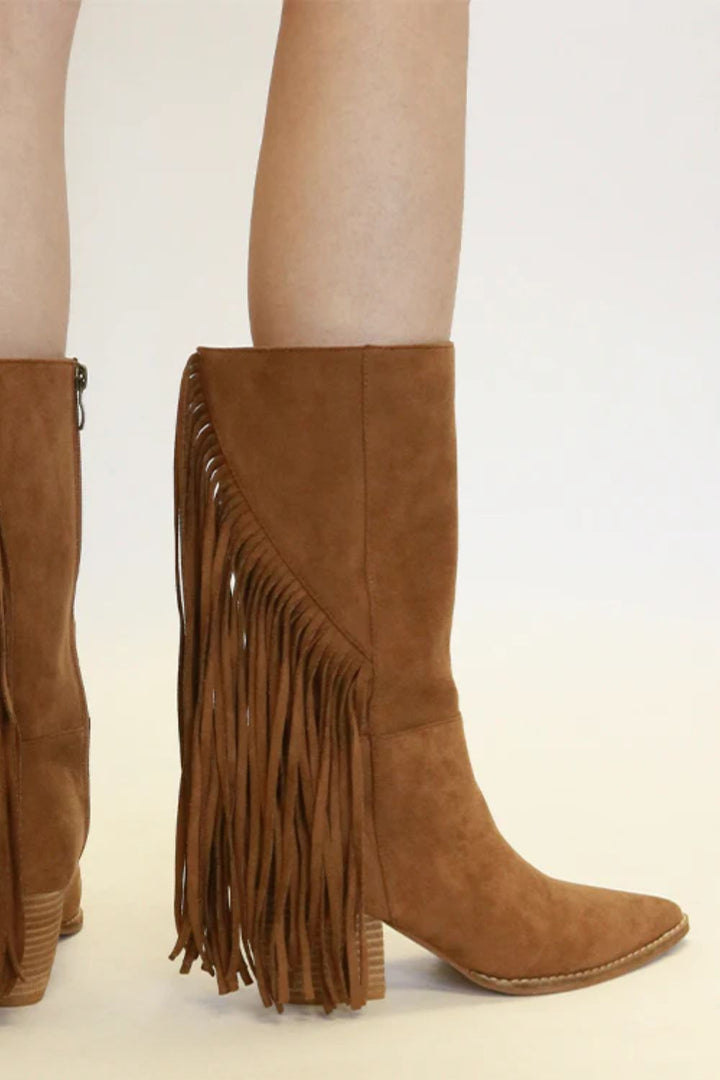 Beast Fashion Suede Fringe Point Toe Boots Coffee Footwear