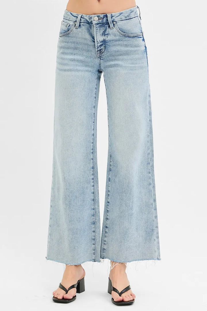 RISEN Full Size Tummy Control Low Rise Wide Leg Raw Cut Hem Jeans Plus Size Jeans