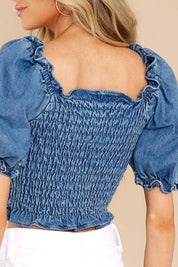 Puff Sleeve Smocked Cropped Denim Top | Tops Daverri Fashions