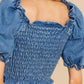 Puff Sleeve Smocked Cropped Denim Top - DAVERRI FASHIONS
