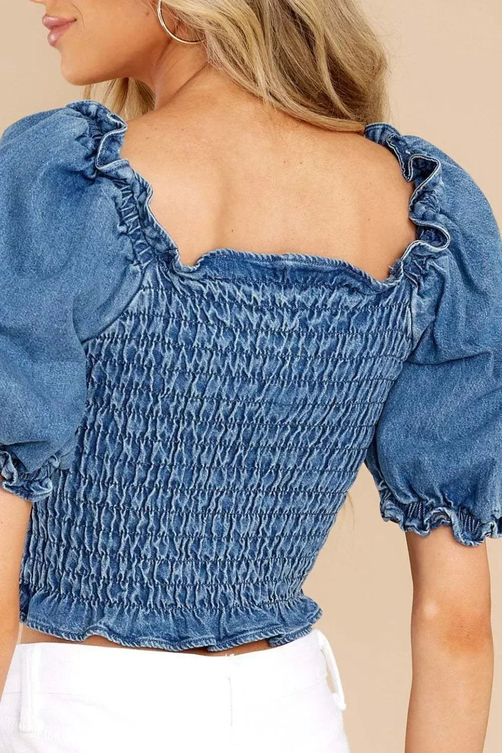 Puff Sleeve Smocked Cropped Denim Top - DAVERRI FASHIONS