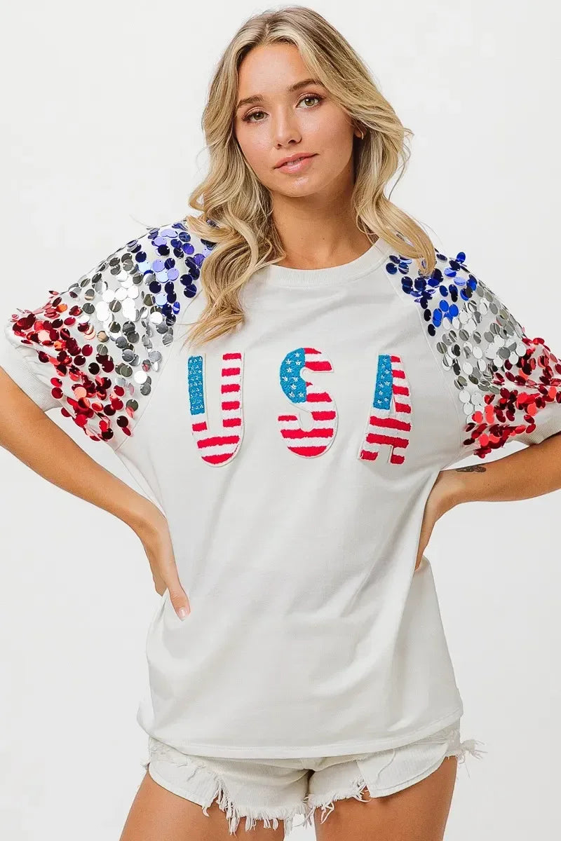 BiBi American Flag Theme Sequin Top - DAVERRI FASHIONS