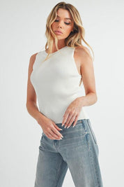 White Aemi + Co Ribbed Round Neck Knit Tank | Tank Tops Daverri Fashions
