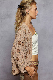 POL Openwork V-Neck Chenille Cardigan with Contrast Floral | Daverri Fashions
