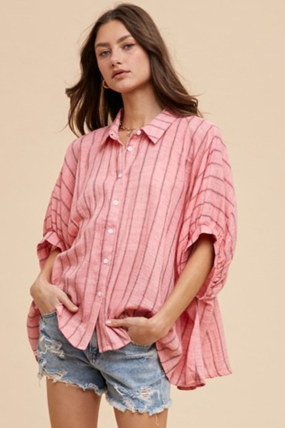 Annie Wear Striped Button Up Half Sleeve Shirt Tops