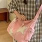 Pink corduroy star applique casual crossbody bag with striped drawstring