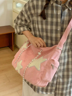 Pink corduroy star applique casual crossbody bag with striped drawstring