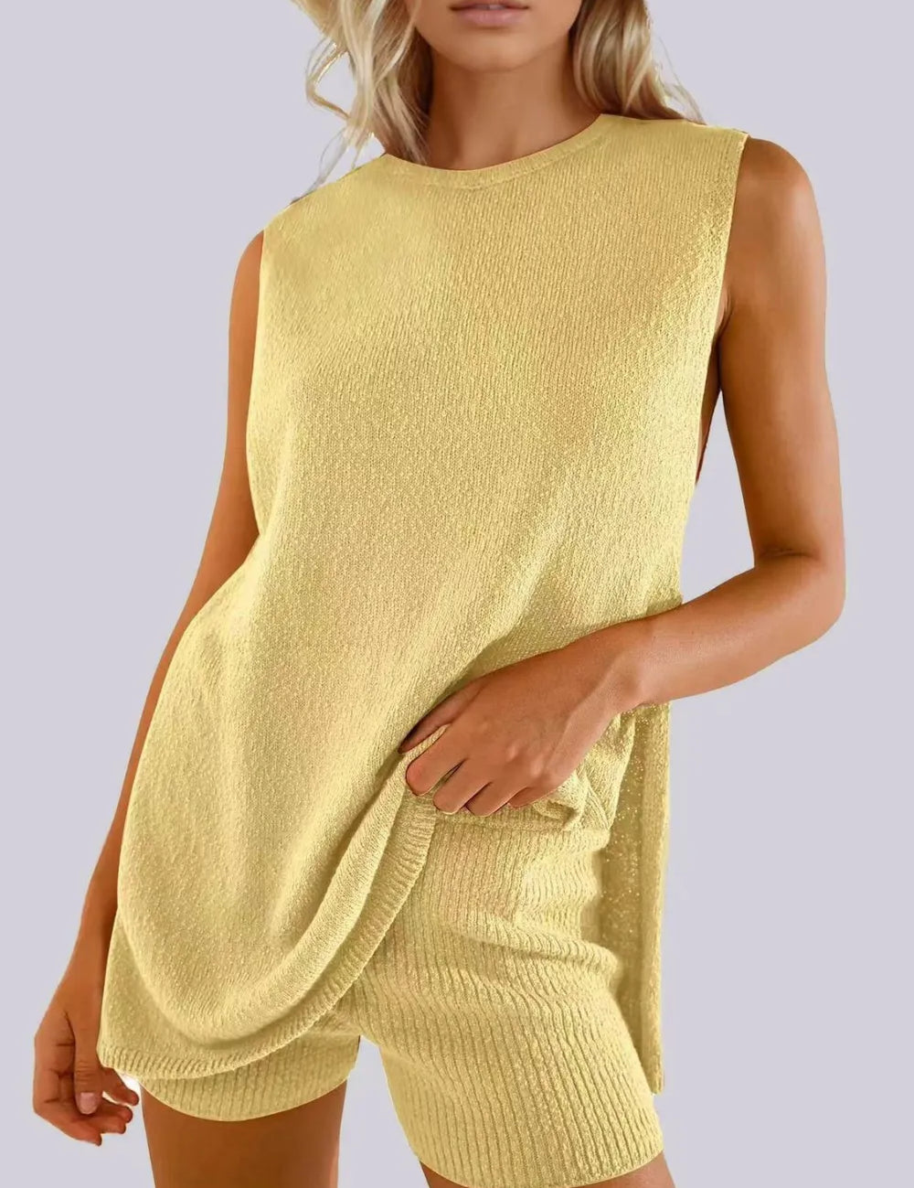 Yellow Side Slit Round Neck Tank and Ribbed Shorts Sweater Set | Outfit Sets Daverri Fashions