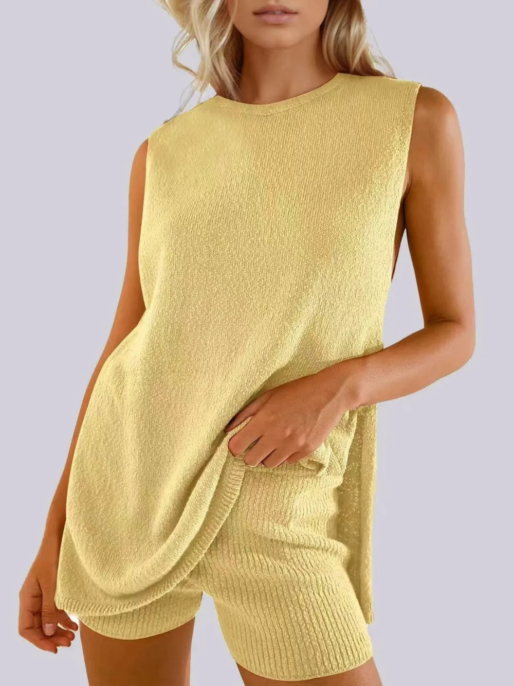 Yellow Side Slit Round Neck Tank and Ribbed Shorts Sweater Set | Outfit Sets Daverri Fashions