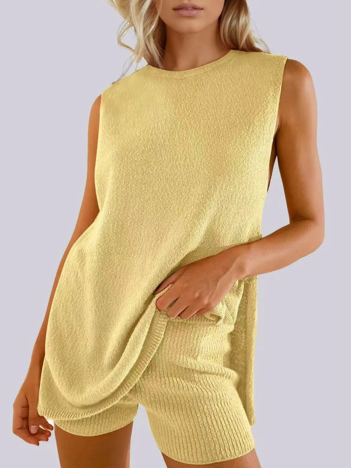 Yellow Side Slit Round Neck Tank and Ribbed Shorts Sweater Set | Outfit Sets Daverri Fashions