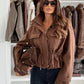 Daverri drawstring waist cropped jacket in brown suede with flap pockets
