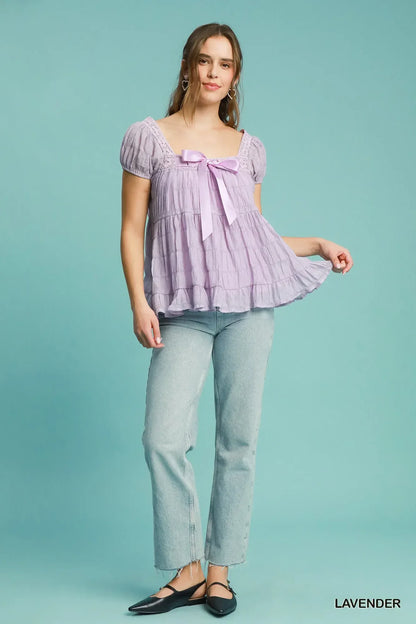 Umgee Textured Square Neck Bow Tie Blouse with Ruffle Hem - DAVERRI FASHIONS