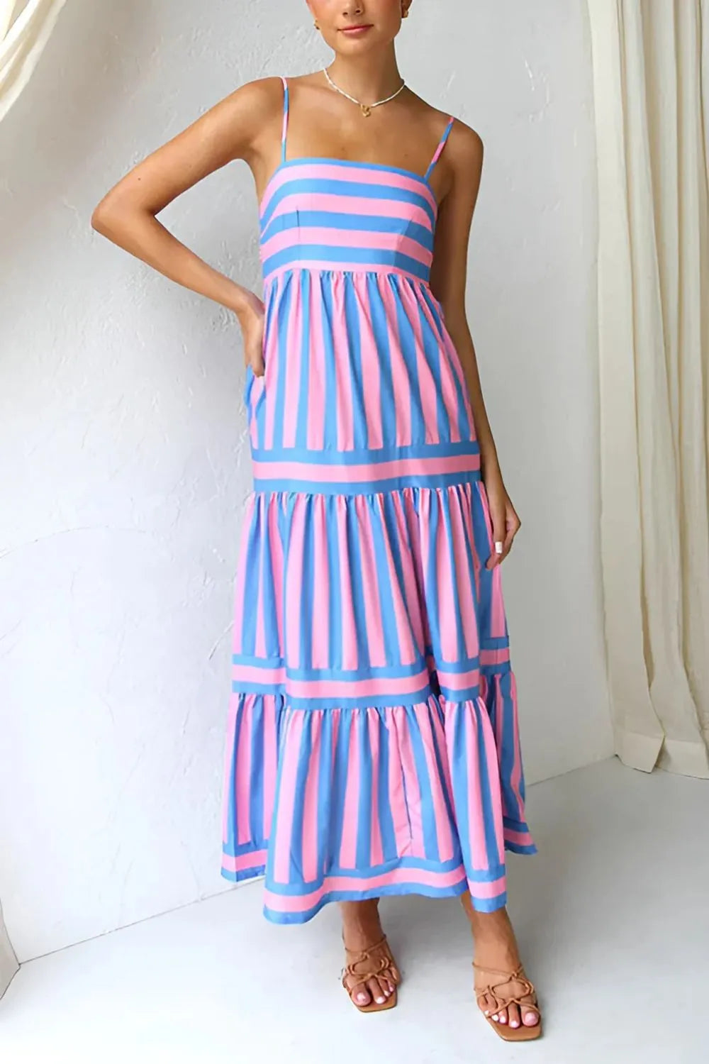 Daverri striped tiered maxi cami dress in pink blue stripes