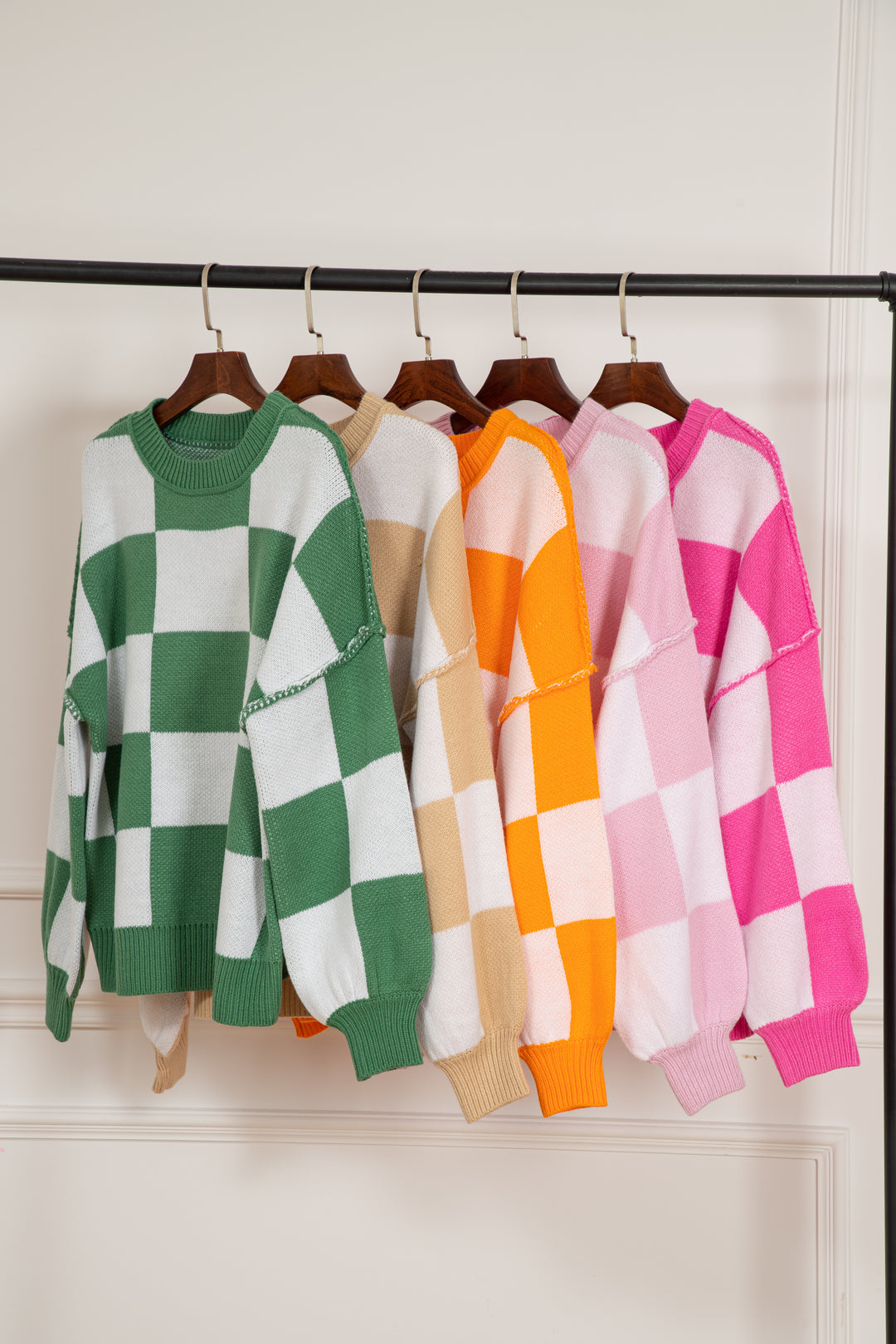Checkered Bishop Sleeve Sweater | Sweaters Daverri Fashions