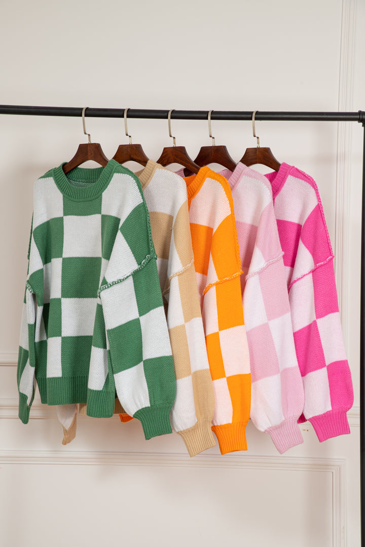Checkered Bishop Sleeve Sweater | Sweaters Daverri Fashions