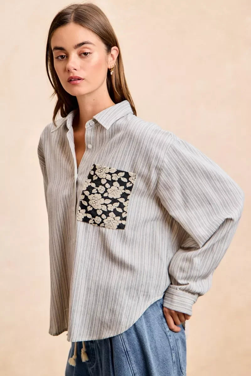 BiBi Flower Jacquard Knit Patch Pocket Stripe Shirt in gray white stripes