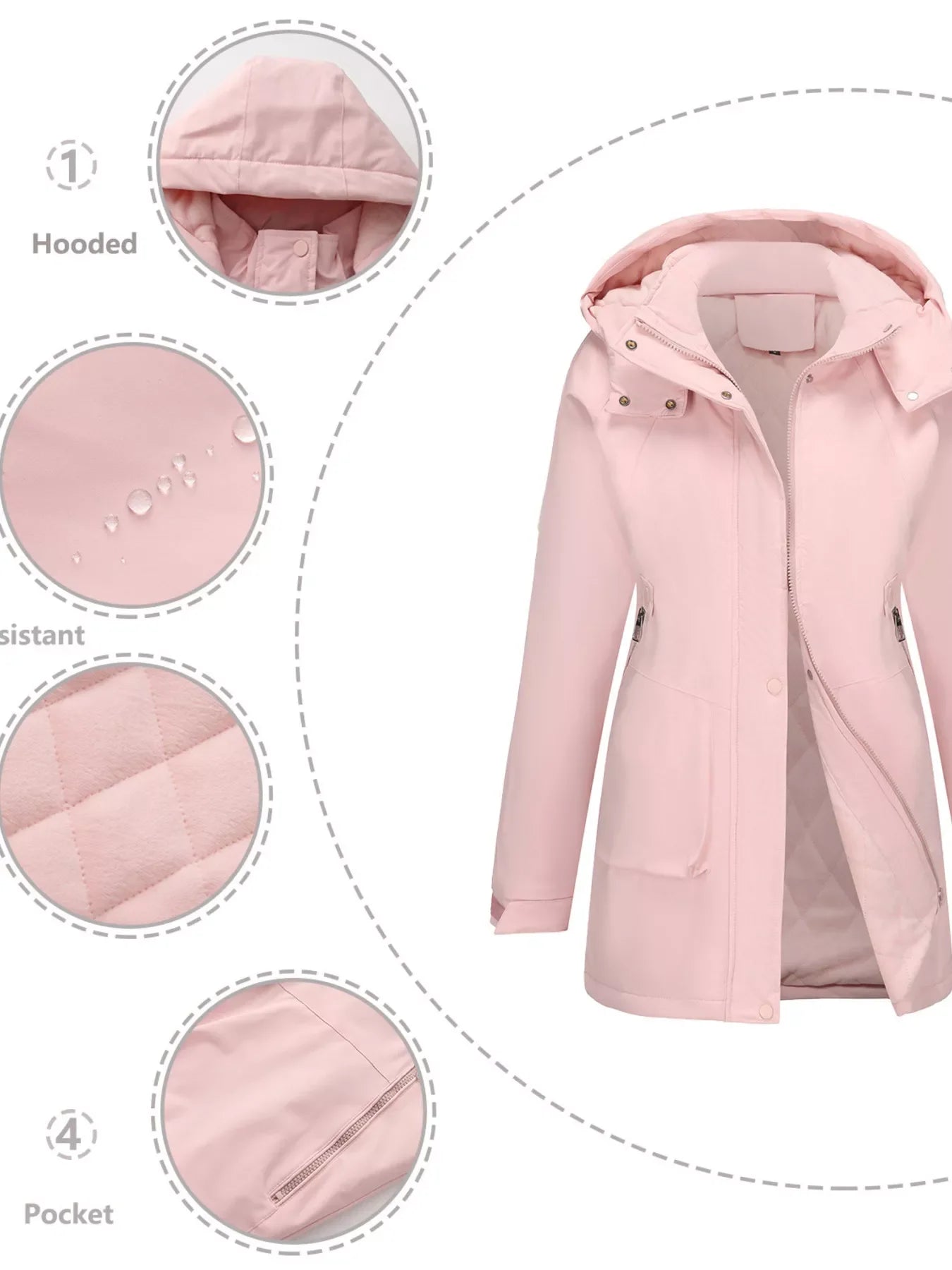 Daverri Fashions pink hooded waterproof mid-length coat with quilted lining and zippered pockets