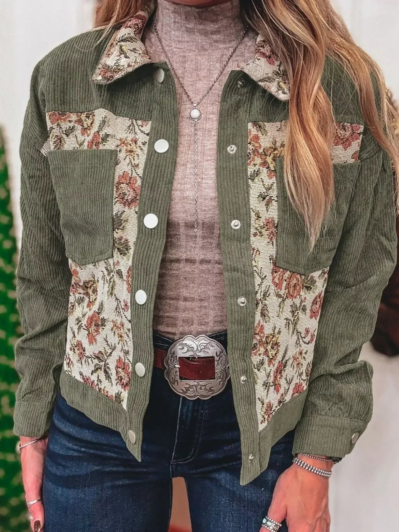 Floral Snap Down Corduroy Jacket - DAVERRI FASHIONS